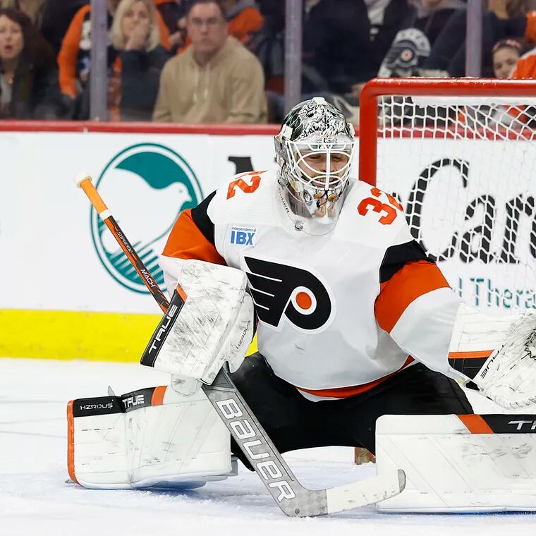 Flyers goaltender Felix Sandstrom watches the puck hit the goal post against the Senators late in the third period.