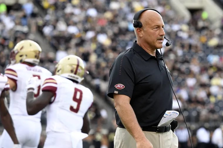 FILE – In this Thursday, Sept. 13, 2018, file photo, Boston College head coach Steve Addazio watches during the first half of an NCAA college football game against Wake Forest in Winston-Salem, N.C. The 23rd-ranked Eagles hit the road with a perfect record and their first ranking in a decade as they try to prevent Purdue from finding answers after a rugged start. (AP Photo/Woody Marshall, File)