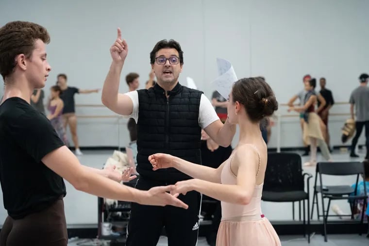 Angel Corella leads Albert Gordon and Kathryn Manger in rehearsal for Pennsylvania Ballet's upcoming "Don Quixote," opening Oct. 10 at the Academy of Music.