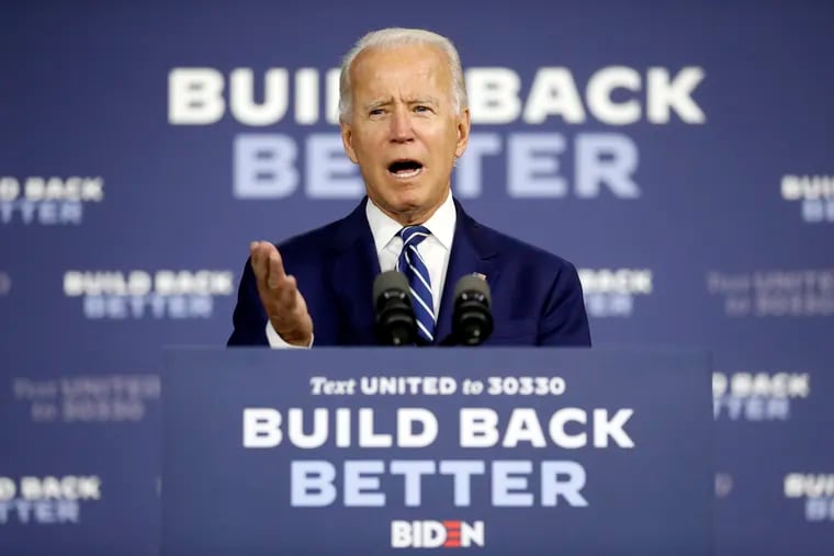 Democratic presidential candidate Joe Biden speaks at a campaign event in New Castle, Del., on July 21, 2020.