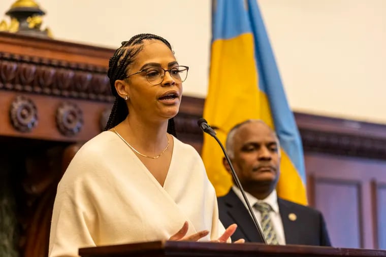 State Rep. Morgan B. Cephas (D., Philadelphia) speaks at City Hall in March. She championed a bill to require Pennsylvania hospitals to document more information about maternal morbidities.