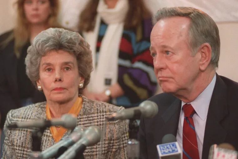 Sen. Brock Adams, with his wife Betty in Seattle in March 1992 after he abandoned his re-election campaign.