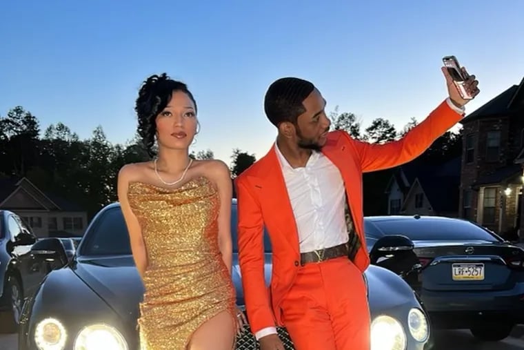 Philly native Tysheeka Freeman celebrates son Sahfir Freeman's prom by purchasing designer shoes, flying in family members, and renting a Bentley for the extravagant send-off. Sahfir is shown with his prom date last month.