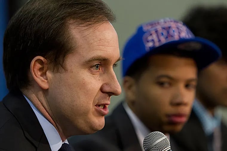 Sixers general manager Sam Hinkie and first-round pick Michael Carter-Williams. (Alejandro A. Alvarez/Staff Photographer)