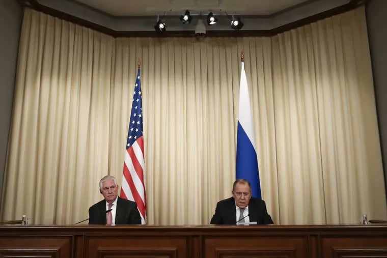 Russian Foreign Minister Sergey Lavrov (right) and US Secretary of State Rex Tillerson meet in Moscow, where Syria was on the agenda.