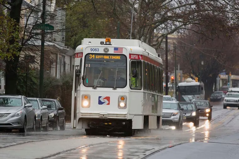 The Route 34 trolley rumbles up Baltimore Avenue near 60th Street.