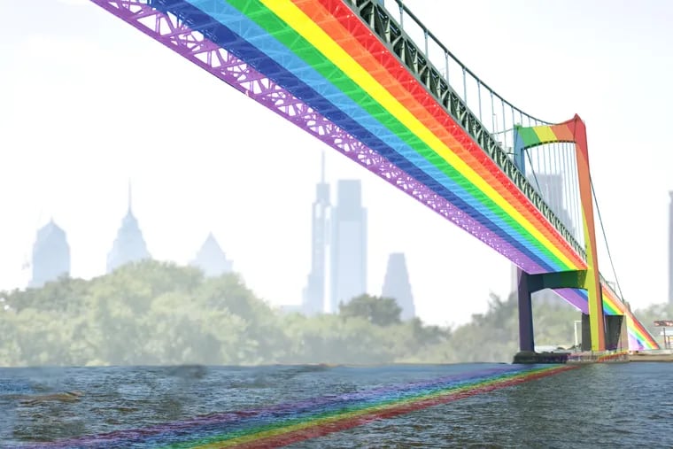 Photo illustration of Walt Whitman bridge as a rainbow