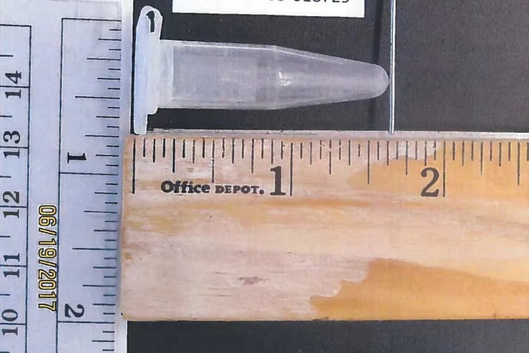 Medical specimen tube known as a “shark’s tooth” used by some drug dealers to package fentanyl and heroin.