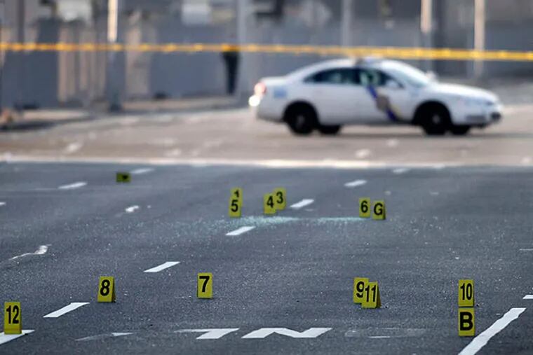 Crime scene unit officers investigate a shooting along Columbus Boulevard earlier this year. Police say that improved methods have contributed to the decrease in crime in Philadelphia. ALEJANDRO A. ALVAREZ / STAFF PHOTOGRAPHER