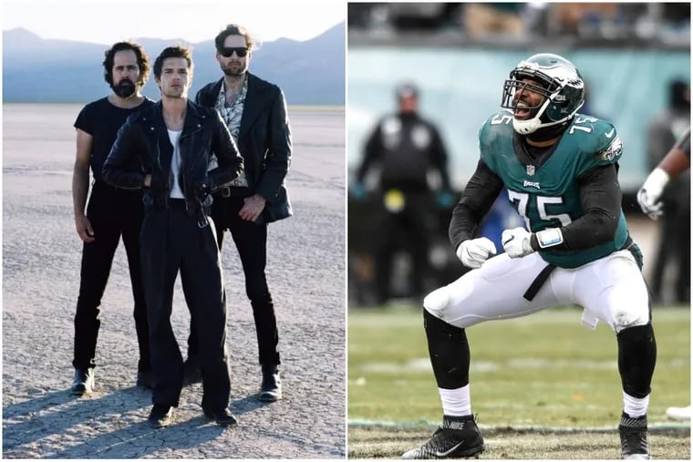 The Killers (left) play the Wells Fargo Center Saturday, along with the Eagles — Vinny Curry is pictured here — also play against the Falcons at Lincoln Financial