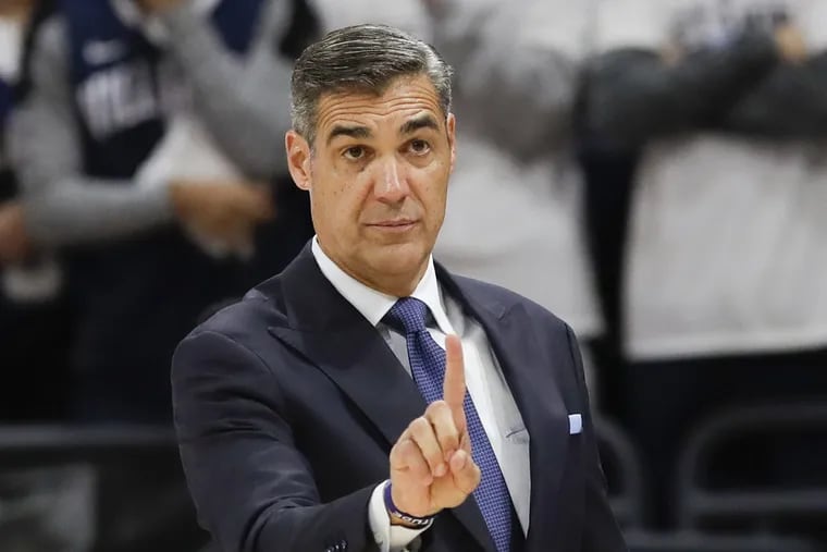 Villanova head coach Jay Wright holds-up his finger to his team against Morgan State during the first-half at the Finneran Pavilion on Tuesday, November 6, 2018. YONG KIM / Staff Photographer