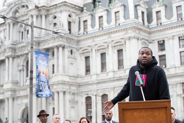 Meek Mill speaks during a press conference on legislation aimed at reforming the Pennsylvania probation and parole system at Thomas Paine Plaza in Philadelphia on Tuesday, April 2, 2019. The press conference included CNN host Van Jones, advocates and members of the REFORM Alliance, and state representatives and legislatures.