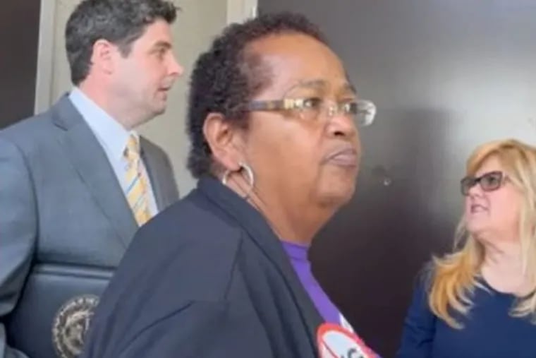 Zulene Mayfield, an environmental activist from Chester City, being turned away from entering a meeting of the Philadelphia LNG Export Task Force on Friday at the Courtyard Philadelphia South at the Navy Yard. The picture is from a video taken by the Delaware Riverkeeper Network.