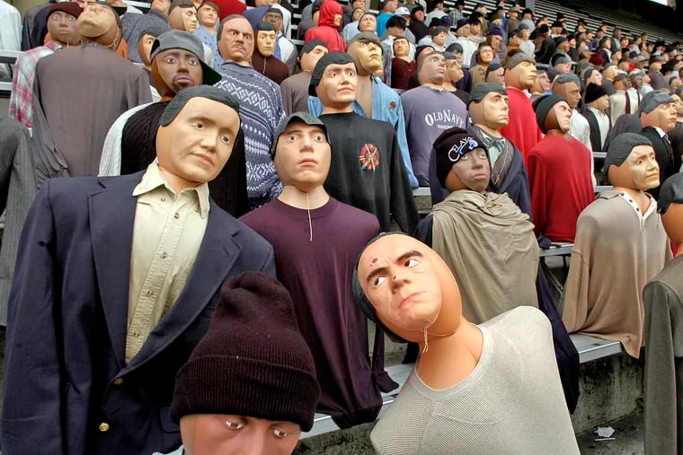 May 18, 2020: Dummies stand in for Eagles fans inside Franklin Field August 15, 2005 which is standing in for Veterans Stadium as the film crew shoots scenes for “Invincible" the 2006 Disney movie based on the true story of South Philadelphia bartender Vince Papale (played by Mark Wahlberg) who made the team in an open tryout during head coach Dick Vermeil's first season with the Eagles in the 1970s.