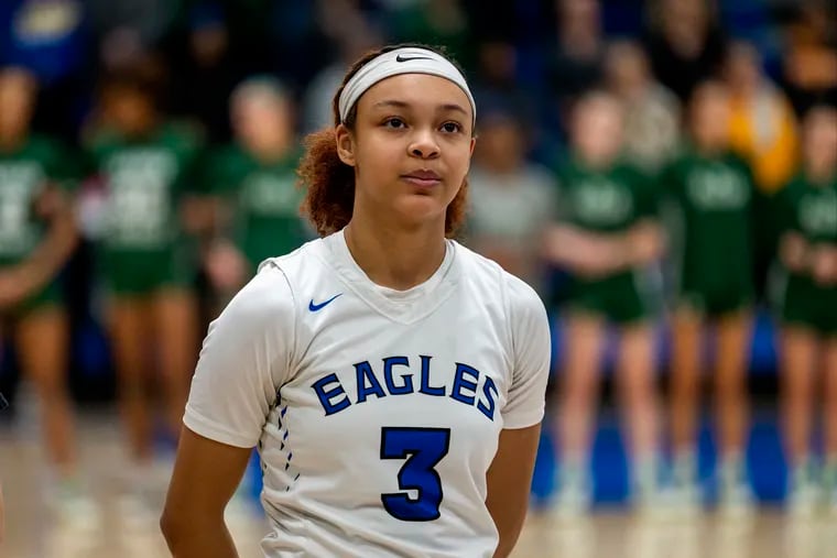 Paul VI senior Hannah Hidalgo stands for a prayer before their NJSIAA sectional semifinal against Camden Catholic Monday Feb. 27, 2023. She has been named to the McDonald's All American tea,