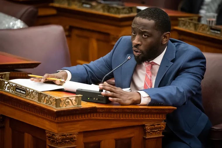 City Councilmember Isaiah Thomas speaks as City Council holds hearings on Mayor Cherelle Parker's school board candidates, at City Hall last month. He introduced legislation this week to hold hearings examining the board's governance structure.