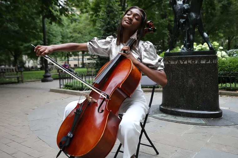 Aijee Evans, a cellist, plays in Rittenhouse Square Park in Philadelphia, Pa. on June 17, 2020. Evans, who has been performing on the streets of Philadelphia for a decade, said Rittenhouse is her favorite spot.