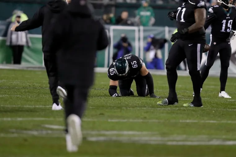 Eagles tackle Lane Johnson after suffering a high ankle sprain in the victory over the Giants