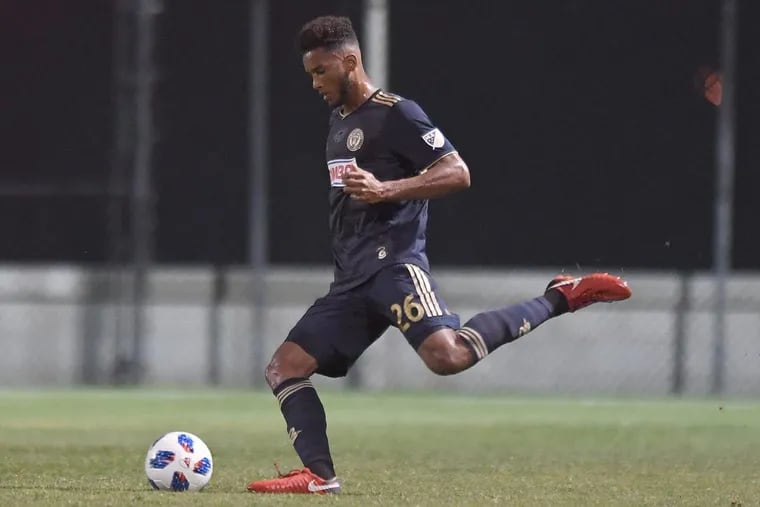 Philadelphia Union defender Auston Trusty, 26, plays during an exhibition game against Montreal Impact at Joe Dimaggio Sports Complex in Clearwater, FL. Wednesday, Feb. 22, 2018.