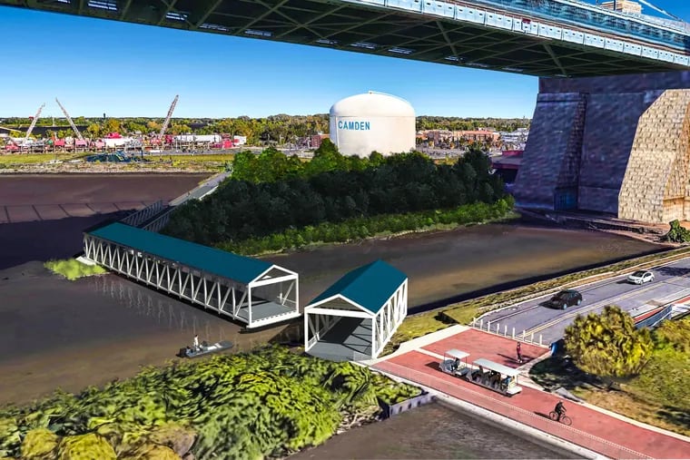 Rendering of a swing bridge that will connect Pearl Street to Cooper Poynt Park in Camden. That will serve to connect the Ben Franklin Bridge with a planned 34-mile LINK Trail through Camden County. Seen here is the bridge opening.