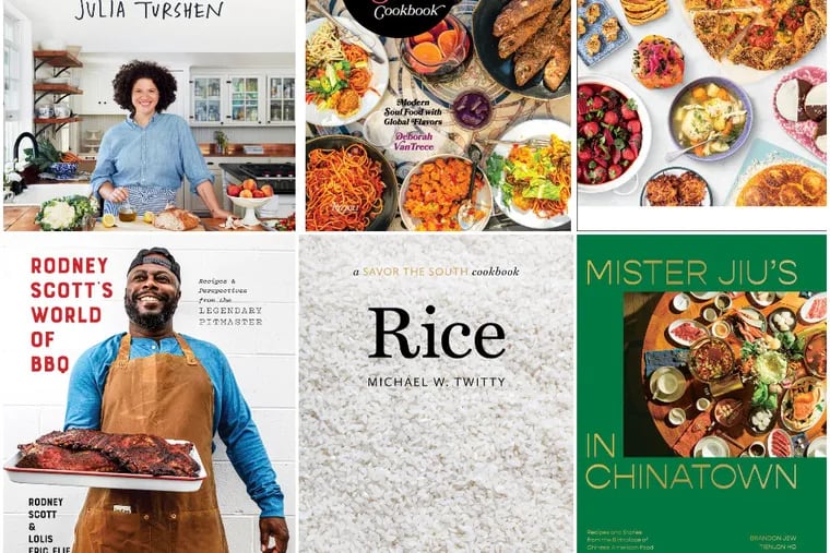 Spring cookbook titles (from left): Simply Julia; Twisted Soul; Jew-ish; Rodney Scott's World of BBQ; Rice; Mister Jiu's in Chinatown