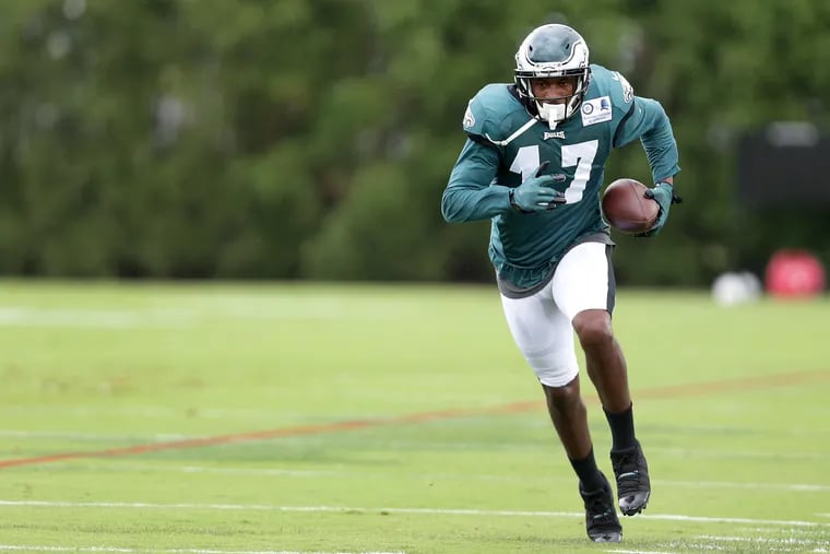 EaglesÕ Alshon Jeffery turns up field after catching a pass during the Philadelphia Eagles practice in Philadelphia, PA on September 12, 2018. The team is preparing for the Tampa Bay Buccaneers on Sunday. DAVID MAIALETTI / Staff Photographer