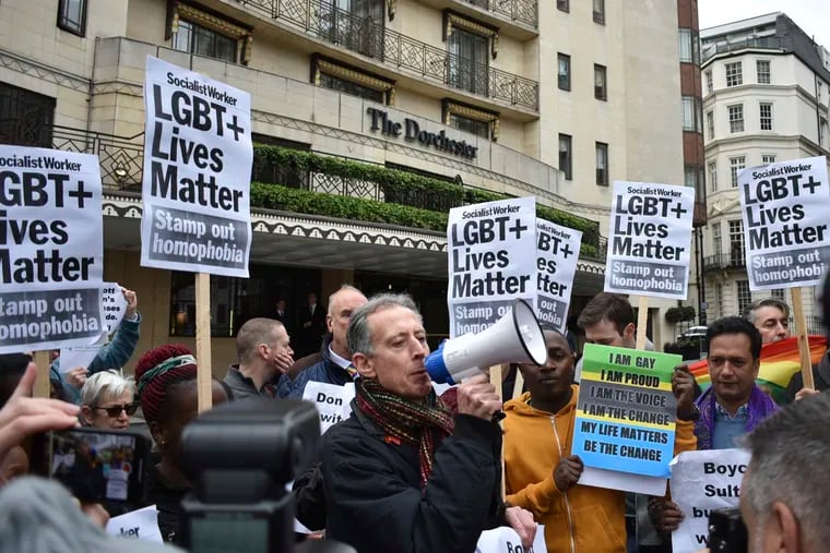 Leading human rights campaigner Peter Tatchell addresses protestors outside The Dorcester hotel on Park Lane in London, demonstrating against the Brunei anti-gay laws last month.