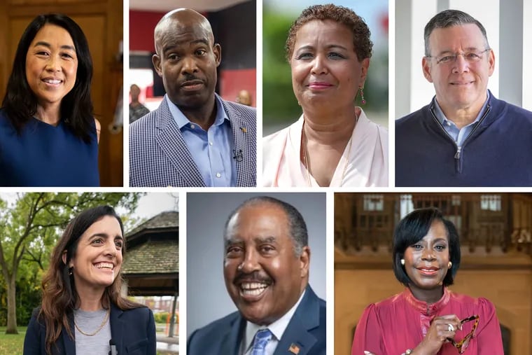 The Democratic candidates for Philadelphia mayor who shared New Year's resolutions with the Inquirer include (from top left) Helen Gym, Derek Green, Maria Quiñones Sánchez, Jeff Brown (from bottom left) Rebecca Rhynhart, James DeLeon and Cherelle Parker.