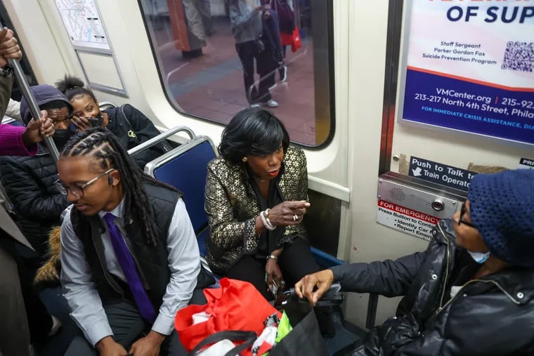 Mayor Cherelle L. Parker rides the SEPTA El to an event in the Kensington section of Philadelphia, Pa. on Thursday.