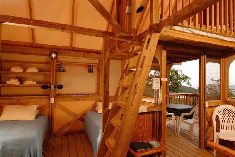 An eco-tent at Concordia Estates in St. John, U.S. Virgin Islands feels more like a tree house, cooled by ocean breezes, than a tent.