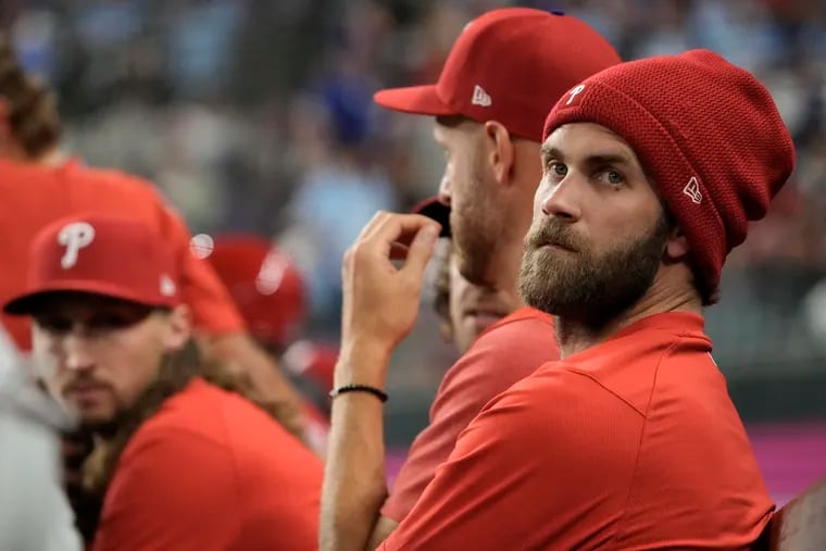 Bryce Harper of the Philadelphia Phillies looks on during the eighth inning against the Texas Rangers at Globe Life Field on April 02, 2023 in Arlington, Texas. (Photo by Sam Hodde/Getty Images)