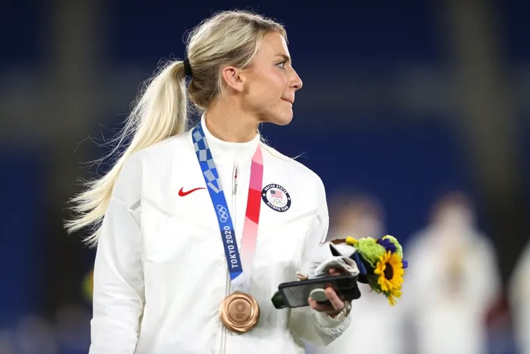 Julie Ertz on the bronze medal podium at the 2021 Olympics, the last time she officially suited up for the U.S. women's soccer team.