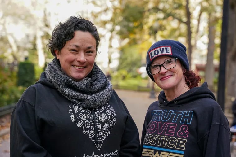 Amy Nieves-Renz (left) was lost in addiction on Christmas Day in 2014 when she accepted a meal from Margaux Murphy (right), who, at the last minute, took to the streets to feed those who were hungry that day. Years later, Nieves-Renz, newly clean and sober, ran into Murphy and recalled her earlier kindness. They have since become dear friends.