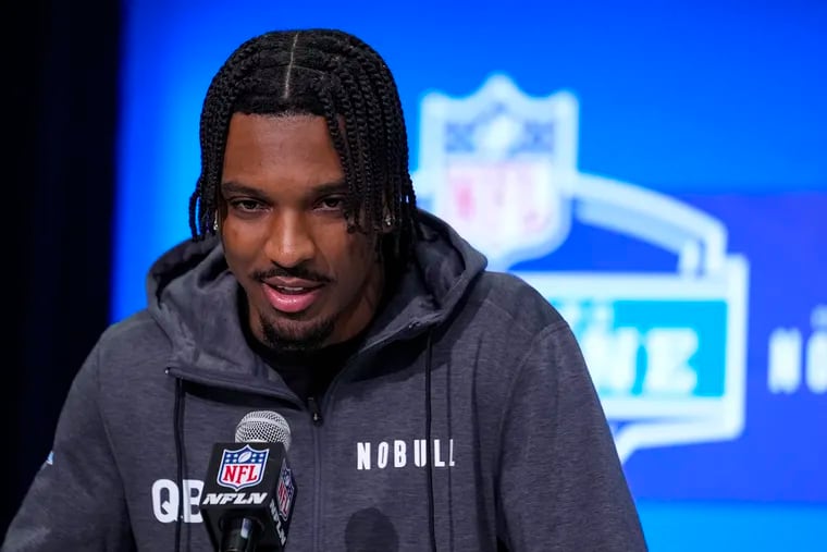 LSU quarterback Jayden Daniels speaks during a press conference at the NFL football scouting combine in Indianapolis, Friday, March 1, 2024. (AP Photo/Michael Conroy)