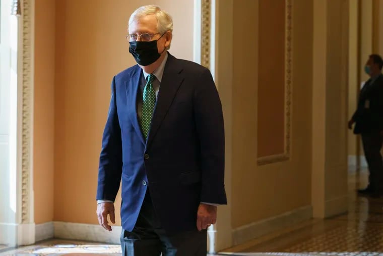 Senate Majority Leader Mitch McConnell of Ky., leaves the Senate floor, Monday, Sept. 14, 2020, on Capitol Hill in Washington.