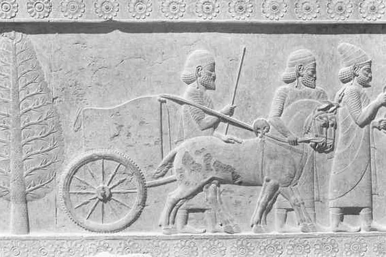 A stairway relief detail features Syrian tribute bearers. It was photographed during the 1933 excavation season in Iran.