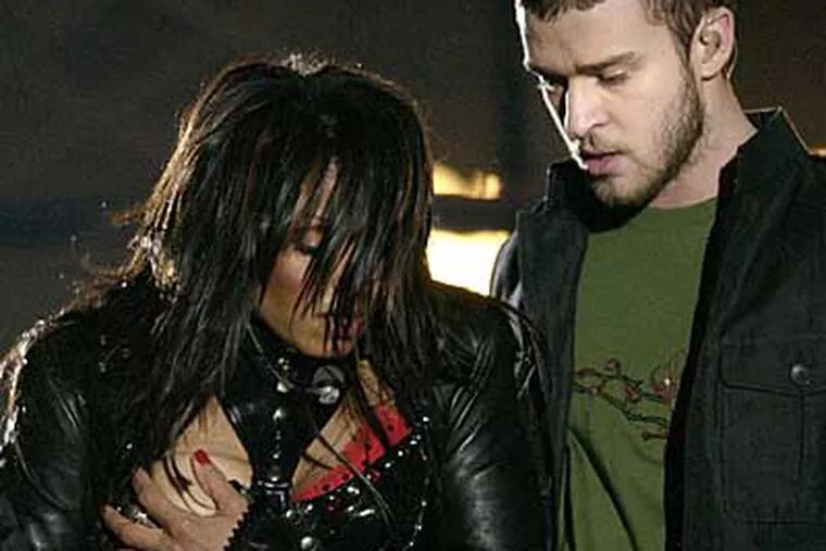 Janet Jackson and Justin Timberlake, during the infamous "wardrobe malfunction" at Super Bowl XXXVIII in 2004.
