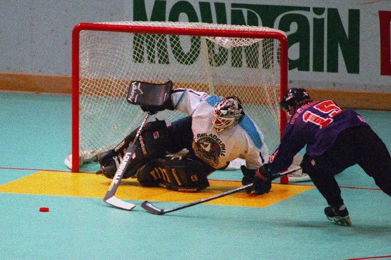 Mark Bernard makes a save against the Pittsburgh Phantoms in the home opener for the Bulldogs in 1994 at the Spectrum.