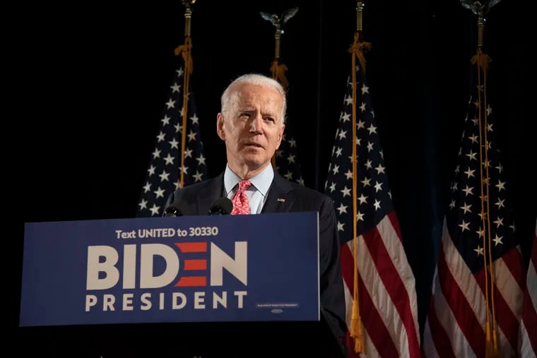Democratic presidential nominee Joe Biden speaks on the coronavirus public health emergency during a news conference at the Hotel Du Pont, in Wilmington, Del.