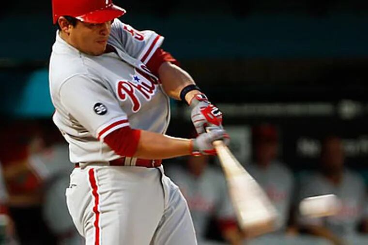 Carlos Ruiz is among the Phillies' leaders in batting average and on-base percentage. (AP Photo/Wilfredo Lee)