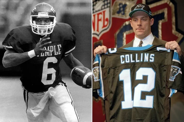 Paul Palmer, left, running the ball for Temple, and Kerry Collins, on draft day in 1995.