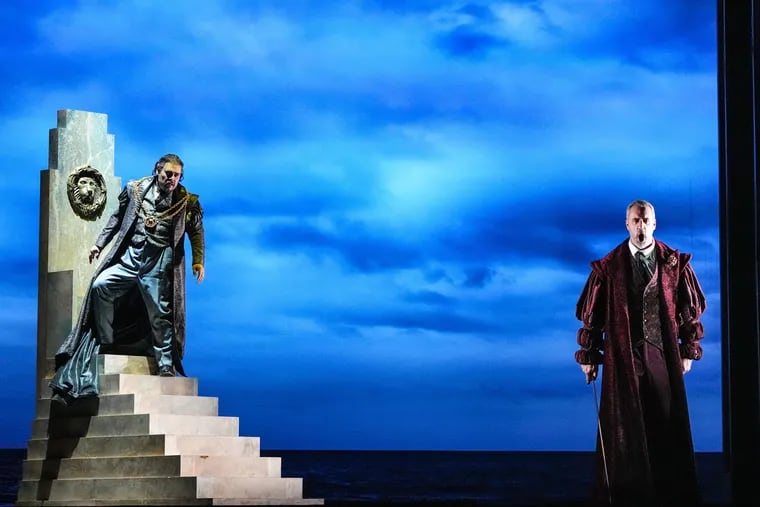 Quinn Kelsey as Simon Boccanegra with Christian Van Horn as Jacopo Fiesco in Opera Philadelphia's Simon Boccanegra.