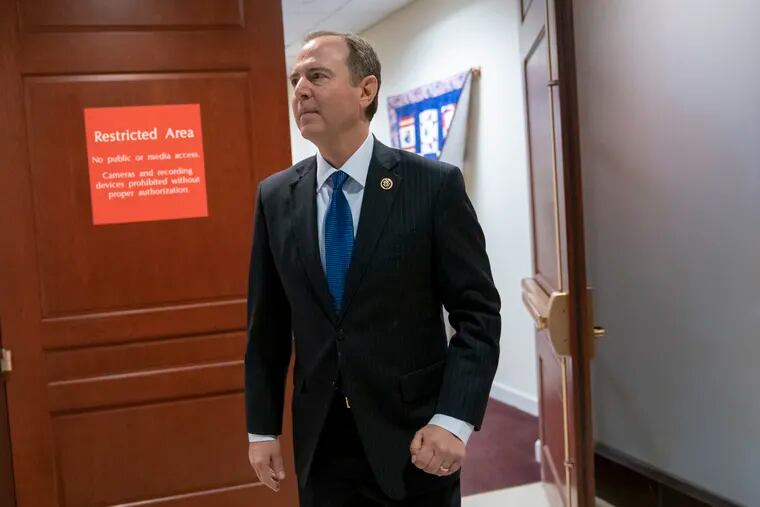 House Intelligence Committee Chairman Adam Schiff (D., Calif.) arrives to speak with reporters after his panel voted in a closed session to send more than 50 interview transcripts from its now-closed Russia investigation to special counsel Robert Mueller, on Capitol Hill in Washington, Wednesday, Feb. 6, 2019.
