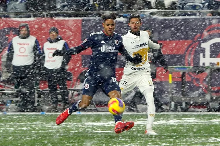 The New England Revolution beat Mexico's Pumas UNAM 3-0 amid a snowstorm in the first game of their Concacaf Champions League quarterfinal series.