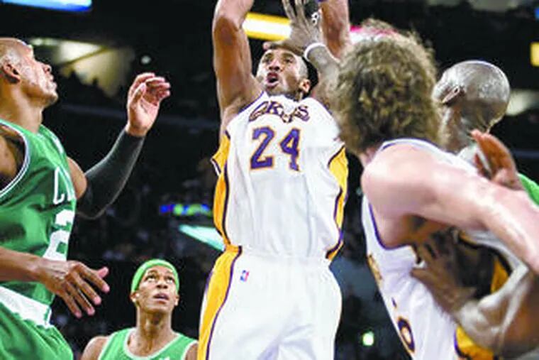 Kobe Bryant fires a shot in the teams&#0039; first meeting since the Celtics won the NBA Finals. He scored 27 points for the host Lakers, who went ahead and seized control with a 13-2 run in the last four minutes.