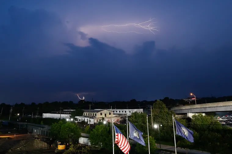 Lightning flashes over Chester during the Philadelphia Union game at Subaru Park on Friday. More strong storms are possible Saturday.