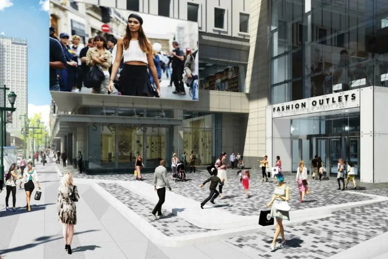 An artist's rendering of the proposed main entrance at Ninth and Market after redevelopment into the Fashion Outlets of Philadelphia.