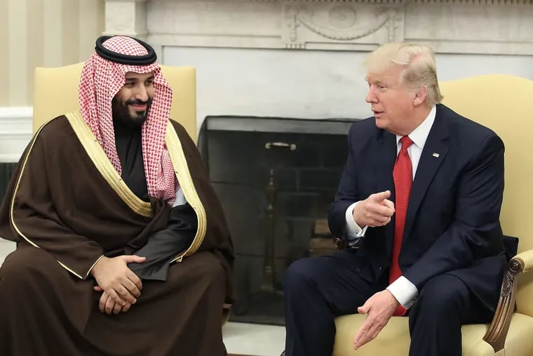 U.S. President Donald Trump (R) meets with Mohammed bin Salman, Deputy Crown Prince and Minister of Defense of the Kingdom of Saudi Arabia, in the Oval Office at the White House, March 14, 2017 in Washington, DC.