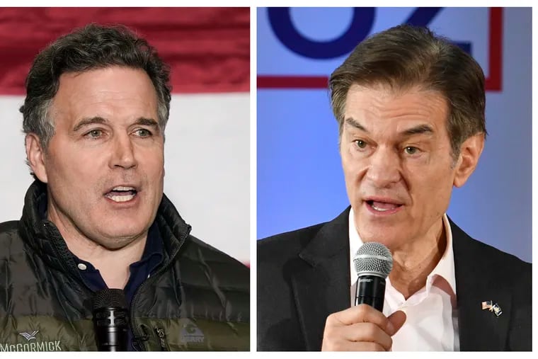 Republican Pennsylvania U.S. Senate front-runners Dave McCormick, left, and Mehmet Oz are scheduled to be on stage together in public for the first time Wednesday.