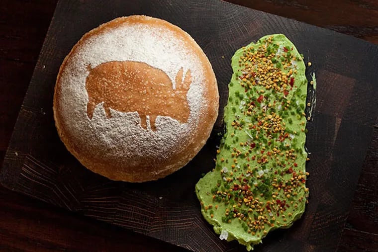 A mythical &quot;Pabbit&quot; adorns whiskey-sage bread, with ramp butter with bee pollen and Aleppo pepper flakes on the side.